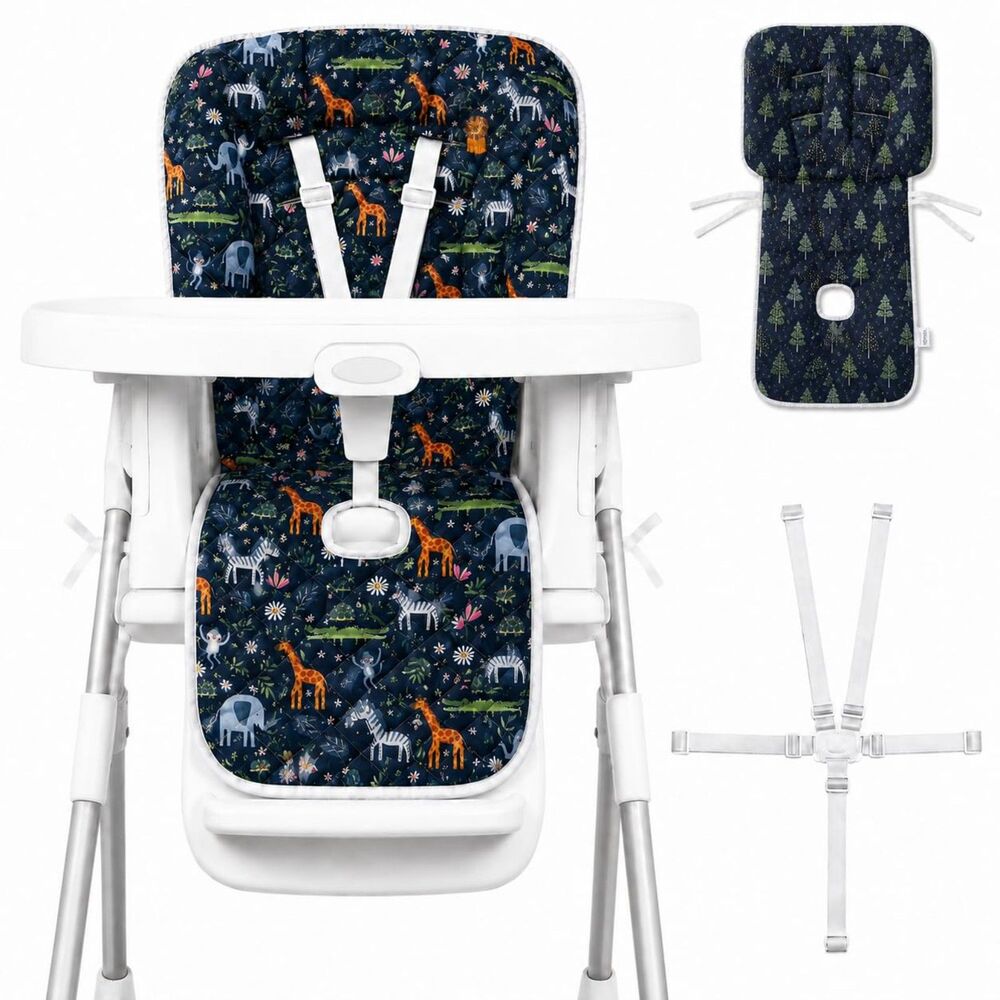Baby High Chair Cover Reversible Waterproof Cushion Pad Blue w/ 5-Point Harness